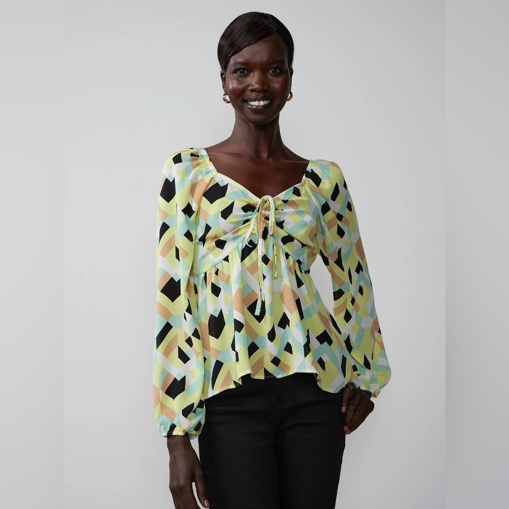 NWOT New York & Company Black and Yellow Pattern Tie Front Blouse Size XL